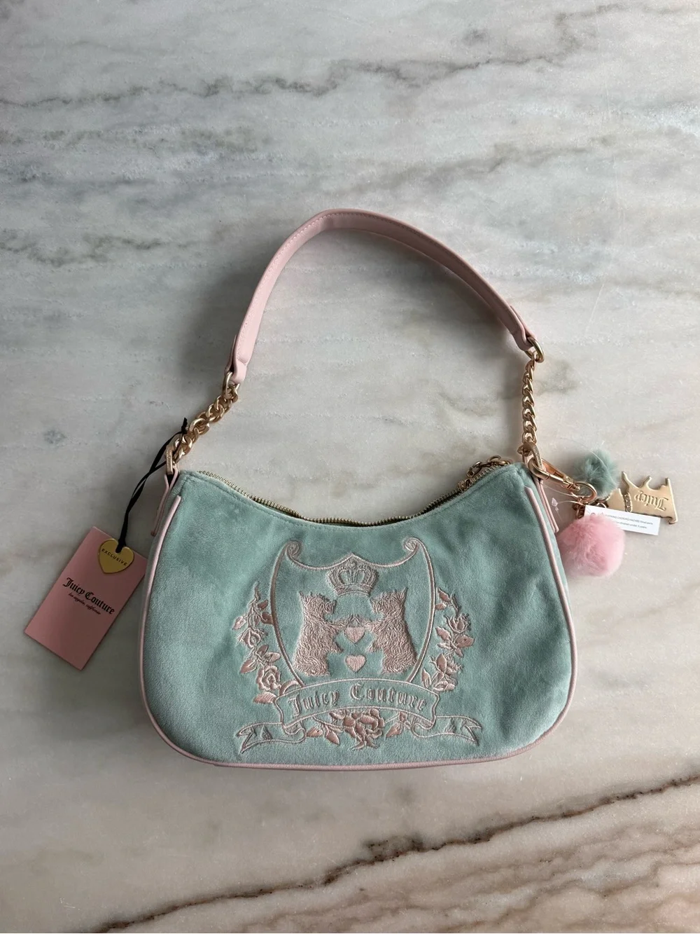 Juicy Couture NWT New Love Chapter Velour Shoulder Bag Frosty Green Pink Y2K